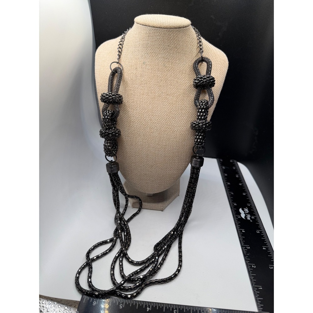 Gunmetal Black Multi Strand Mesh Statement Necklace Knotted Industrial Chic 36in